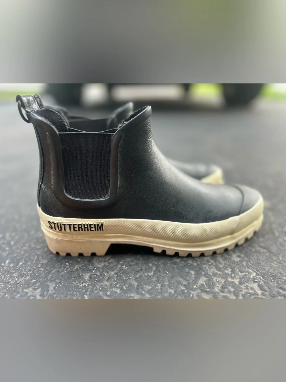 Stutterheim Black Chelsea Rain Ankle Boots with Cream Sole